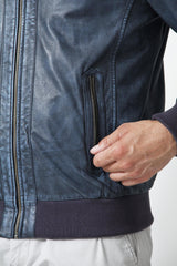 Herren College Blouson Lederjacke in Lammnappa Blau Vintage Look.