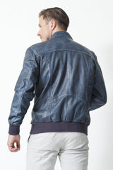 Herren College Blouson Lederjacke in Lammnappa Blau Vintage Look.