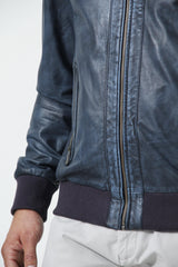 Herren College Blouson Lederjacke in Lammnappa Blau mit Stehkragen