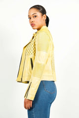 Taillierte Damen Biker Lederjacke aus Lammnappa in Gelb mit Stehkragen