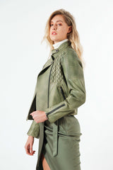 Schicke echte Damen Biker Lederjacke aus Lammnappa in Green mit Stehkragen