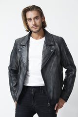 coole Herren Biker Lederjacke in Lammnappa Grey vintage antik