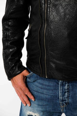Kurze Herren Bikerlederjacke aus New Zealand Lammnappa schwarz Bubble Effekt