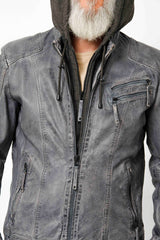 Herren Lammnappa Lederjacke Bikerstyle Blau Grau Vintage Look mit Kapuzenhoodie