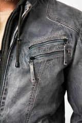 Herren Lammnappa Lederjacke Bikerstyle Blue Grey Vintage Look mit Kapuze