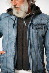 Herren Lammnappa Lederjacke Bikerstyle Ocean Blue uesd Washed mit Kapuze