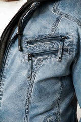 Herren Lammnappa Lederjacke Bikerstyle Ocean Blue Antik mit Kapuzen Hoodie