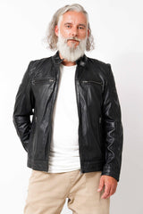 Sportliche Herrenlederjacke kurz in Lammnappa schwarz Bikerjacken Style mit Stehkragen