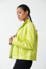 Dünne leichte Damen Lederjacke Stehkragen und Reißverschluss in Lammnappa Neongrün