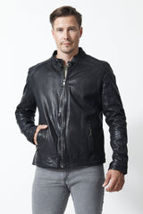 Herren Biker Lederjacke Schwarz aus Lammnappa mit Stehkragen