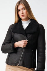Kurze Damen Lammfelljacke in schwarz außen glatt