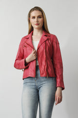 Kurze Biker Look Lederjacke in Blush/Rot in Lammnappa