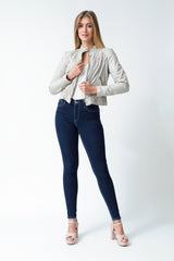 Kurze Bikerstyle Damen Lederjacke aus Lammnappa ivory tailliert mit Stehkragen