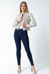Kurze Bikerstyle Damen Lederjacke aus Lammnappa ivory tailliert mit Stehkragen