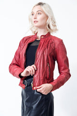 Kurze Bikerstyle Damen Lederjacke Lammnappa rot vintage tailliert mit Stehkragen