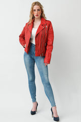 Damen Biker Lederjacke Rot Lammnappa mit Steppnähte und viele Zipper