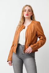 Kurzer Damen Lederbolero aus Lammnappa amaretto washed Look ohne Kragen
