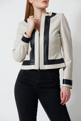 Damen Bolero in Ziegennappa ivory mit Kontrast schwarz perforiert