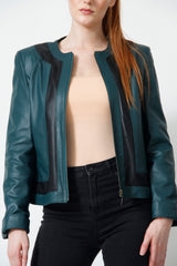 Damen Bolero in Ziegennappa Petrol mit Kontrast schwarz perforiert