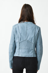 Kurzer Damen Lederbolero aus Lammnappa blau washed Look ohne Kragen