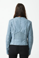 Kurzer echte Damen Lederbolero aus Lammnappa blau washed Look ohne Kragen