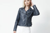 Kurze Damen Biker Lederjacke in Lammnappa Jeansblau im vintage Look