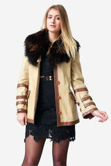 echte lange Damen Lederjacke Lammnappa in camel braun mit Finnraccoon Kragen
