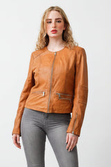 Kurzer Damen Lederbolero aus Lammnappa amaretto washed Look ohne Kragen