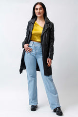 Langer Damen Leder-Mantel aus Lammnappa unwattiert schwarz vintage Look