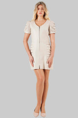 Damen Etui Lederkleid Lammnappa in Ivory mit Zwei-Weg-Frontreißverschluss