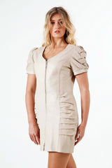 Damen Etui Lederkleid Lammnappa in Ivory mit Zwei-Weg-Frontreißverschluss