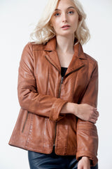 Kurze taillierte Damen Lederjacke aus Lammnappa in cognac vintage look
