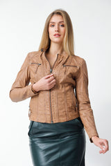 Kurze Damen Lederjacke aus Lammnappa Cognac im Vintage Look tailliert