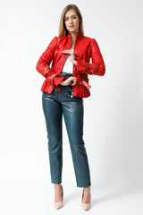 Kurze Damen Lederjacke Lammnappa mit Lasercut Rot Stehkragen und Gürtel