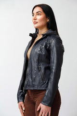 Kurze Bikerstyle Damenlederjacke in Navy vintage Lammnappa mit abnehmbare Kapuze