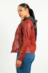 Kurze Bikerstyle Damenlederjacke in Rot vintage Lammnappa mit abnehmbare Kapuze