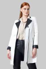 lange Damen Lederjacke Lammnappa mit Farbkontrast weiß schwarz tailliert mit Zweiwegereißverschluss