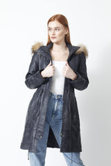 Damen Lederparka Lammnappa anthrazit mit abnehmbarer Kapuze und Pelzbesatz