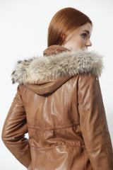 Damen Lederparka Lammnappa cognac mit abnehmbarer Kapuze und echten rotfuchsbesatz