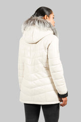 Damen Lederparka Lammnappa mit Silberfuchskapuze in beige mit schwarz Kontrast
