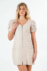 Damen Etui Lederkleid Lammnappa in Ivory mit Zwei Weg Frontreißverschluss