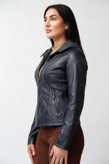 Kurze Bikerstyle Damenlederjacke in Navy vintage Lammnappa mit abnehmbare Kapuze