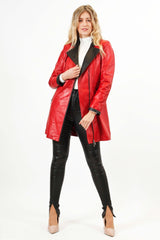 Damen Lederjacke Lammnappa mit Farbkontrast rot schwarz tailliert mit Zweiwegereißverschluss