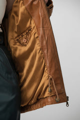 Damen Parka mit Kapuze in Lammnappa cognac vintage und Fellimitat