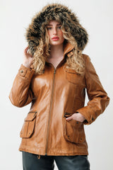 Damen Parka mit Kapuze in Lammnappa cognac vintage und Fellimitat