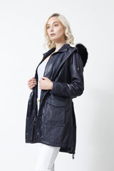 Damen Lederparka aus Lammnappa Blau vintage mit Kapuze und Blaufuchsstreifen