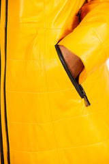 Gesteppter Damen Lederparka aus Lammnappa in Gelb/schwarz mit Kapuze