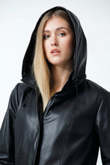 Damen Lederswinger aus Lammnappa schwarz zum knöpfen mit Kapuze abnehmbar