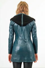 echte Damen Lederjacke tailliert in Lammnappa Althema/Schwarz mit Kapuze gestrickt