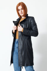 Langer Damen Ledermantel in Lammnappa schwarz